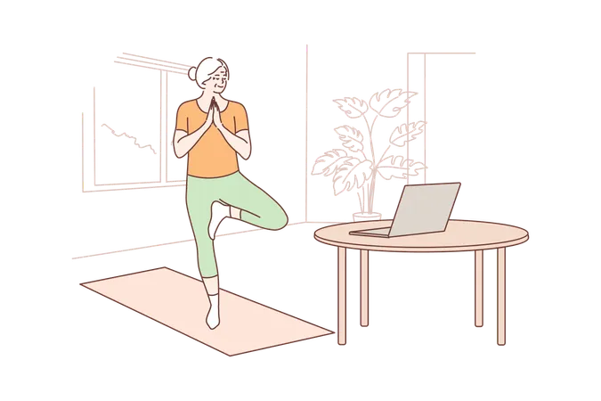 Woman doing yoga from online videos  Illustration