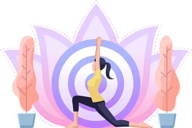 Woman doing yoga in warrior one pose Illustration