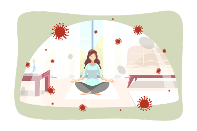 Woman doing yoga pose exercise under glass cap at home on self isolation  Illustration