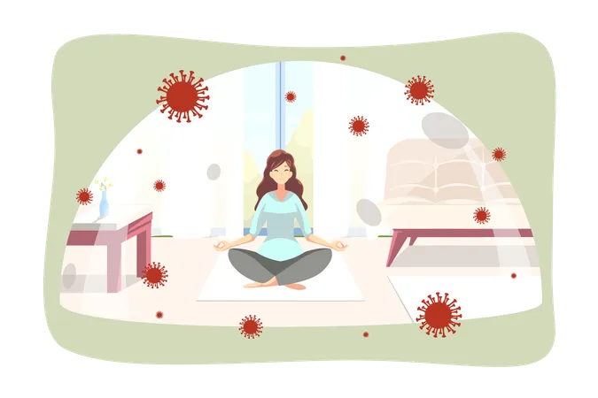 Quarantine Coronavirus Meditation Protection Concept Woman Girl Doing Yoga Pose Exercise Under Glass Cap At Home On Self Isolation Healthcare And Staying Home During Covid 19 And 2019 Ncov Lockdown Illustration