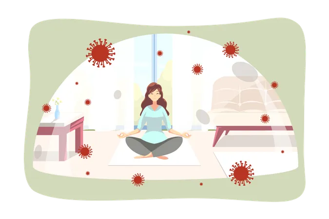 Woman doing yoga pose exercise under glass cap at home on self isolation  Illustration