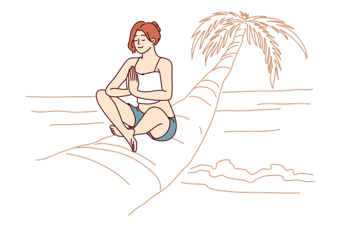 Woman doing yoga sitting on palm tree in lotus position enjoying summer travel and meditating  イラスト