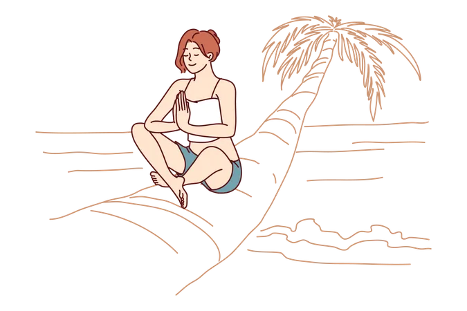 Woman doing yoga sitting on palm tree in lotus position enjoying summer travel and meditating  イラスト