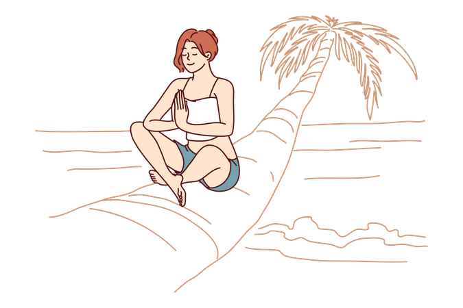 Woman doing yoga sitting on palm tree in lotus position enjoying summer travel and meditating  Illustration