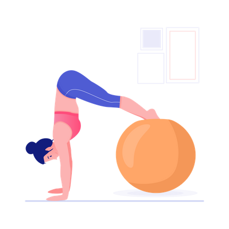 Woman doing yoga using large rubber ball  Illustration