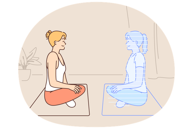Woman doing yoga with hologram virtual trainer sitting on fitness mat in lotus position  Illustration