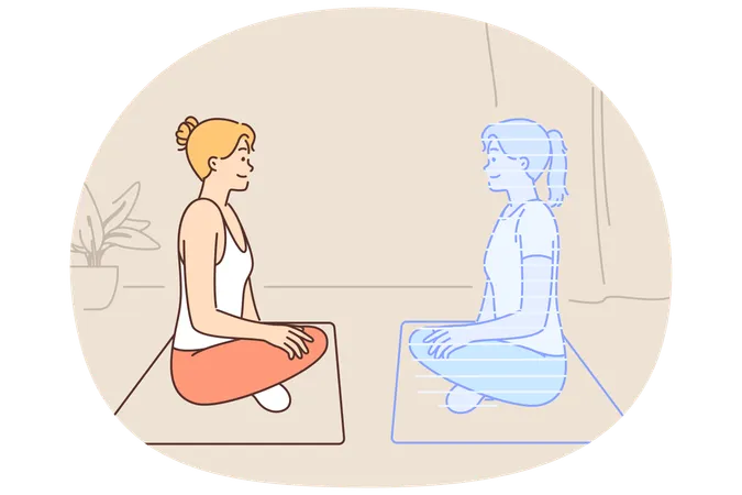 Woman doing yoga with hologram virtual trainer sitting on fitness mat in lotus position  Illustration