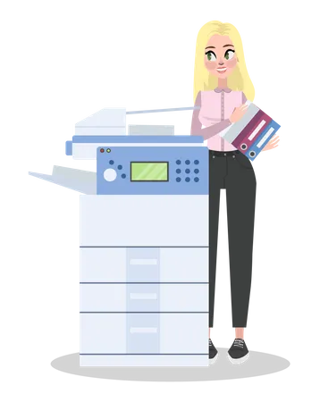 Woman Standing At The Printer And Holding Pile Of Documents Copier Equipment In The Office Paper Document Scanner Vector Illustration In Cartoon Style Illustration