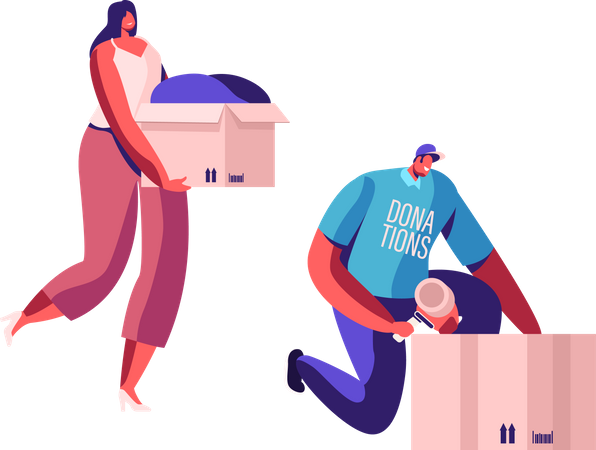 Woman donating clothes to charity volunteer Illustration