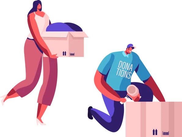 Woman donating clothes to charity volunteer  Illustration