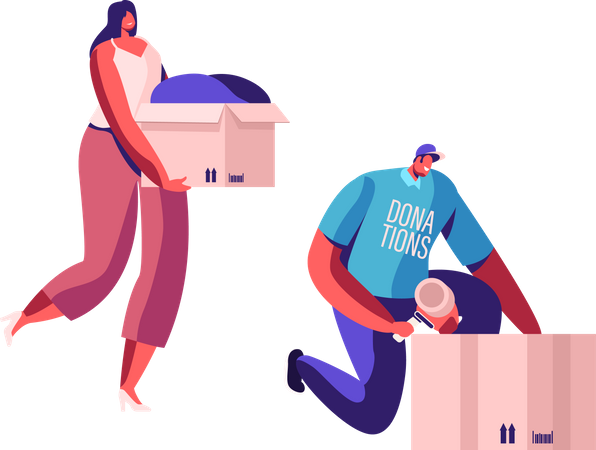 Woman donating clothes to charity volunteer  Illustration