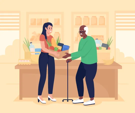 Woman donating food to elder man  Illustration