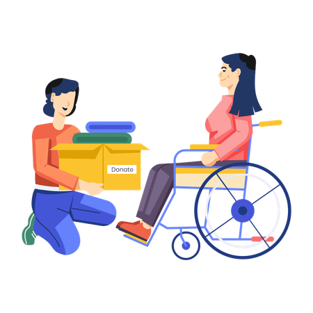 Woman donating old clothes to handicapped woman  Illustration