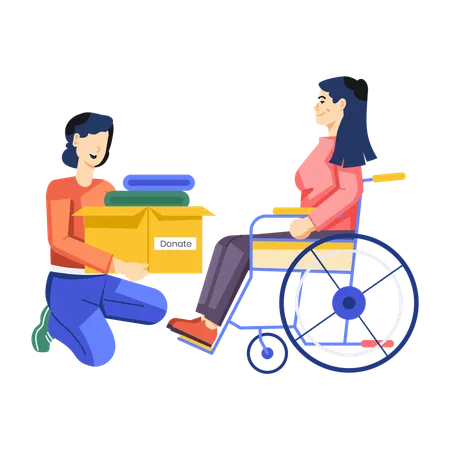 Woman donating old clothes to handicapped woman  Illustration