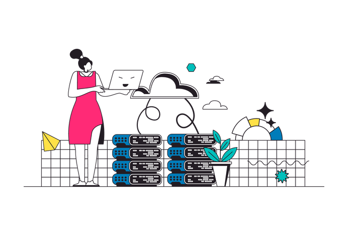 Woman downloading and uploading files to cloud storage  Illustration
