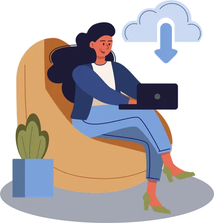 Woman downloads cloud file  Illustration