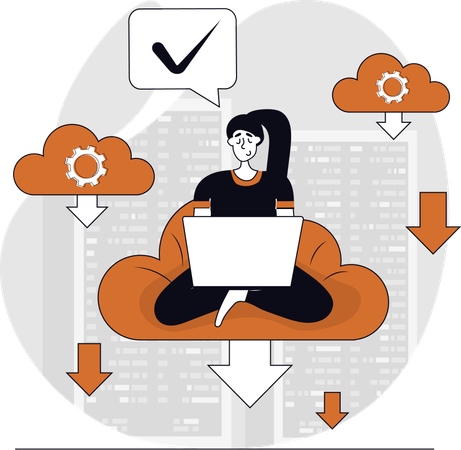 Woman downloads file from cloud  Illustration