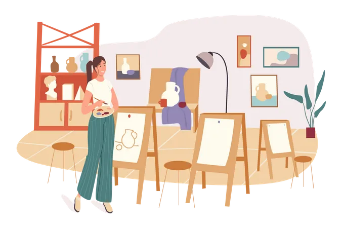 School Web Concept Woman Drawing In Art Studio Student Studies Subject In Lesson In Class Professional Art Education People Scenes Template Vector Illustration Of Characters In Flat Design Illustration
