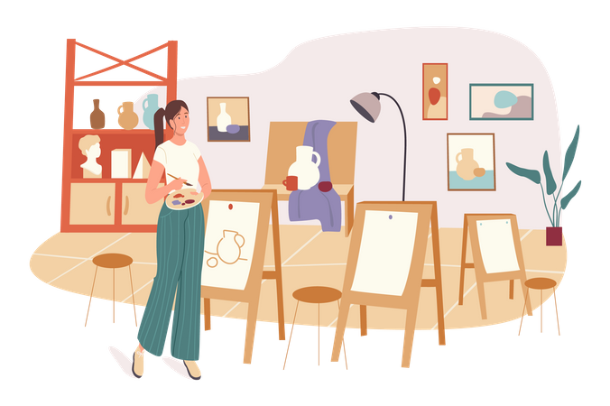 Woman drawing in art studio  Illustration