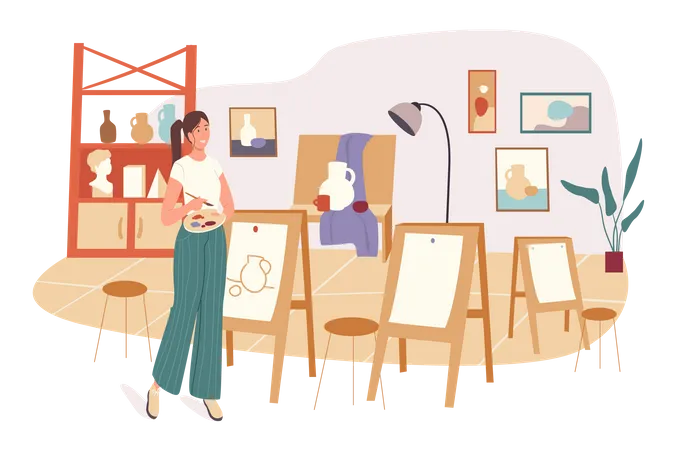 Woman drawing in art studio  Illustration