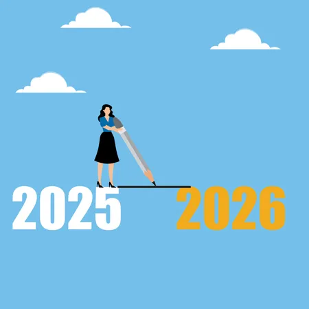 Woman drawing line from 2025 to 2026  Illustration