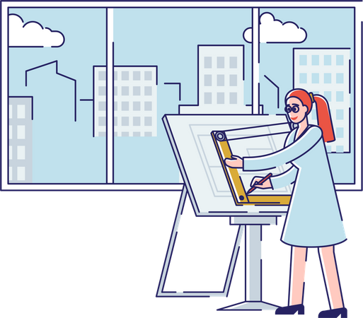 Woman Drawing New Architectural Project Illustration