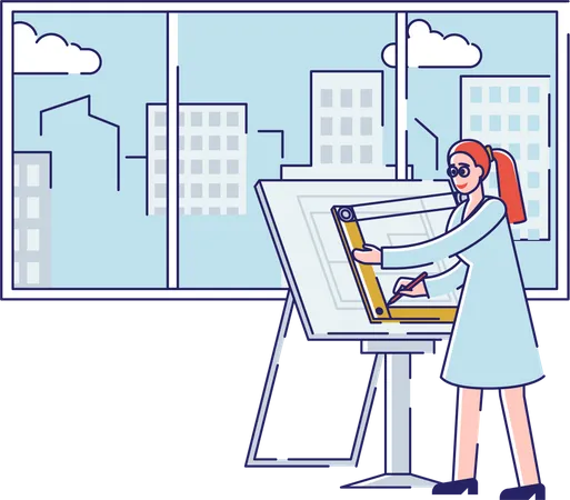 Woman Drawing New Architectural Project Illustration