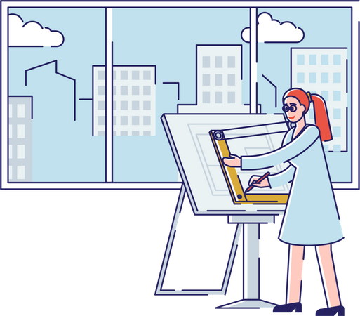 Woman Drawing New Architectural Project  Illustration