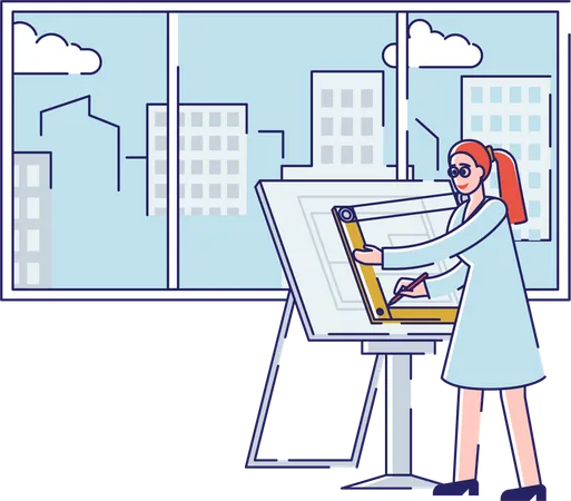 Woman Drawing New Architectural Project  Illustration