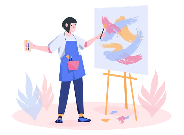 Concept Design Studio With People Scene In Flat Cartoon Design Woman Works With Paints To Create A New Painting In A Design Studio Vector Illustration Illustration