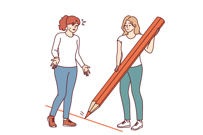 Woman draws boundary and prohibits crossing it while using large pencil to draw red line  Illustration