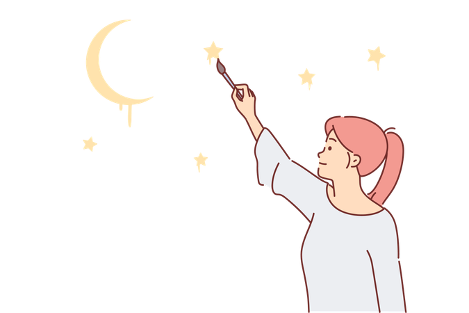 Woman draws stars in night sky dreaming visiting space or seeing clear evening firmament above head  Illustration