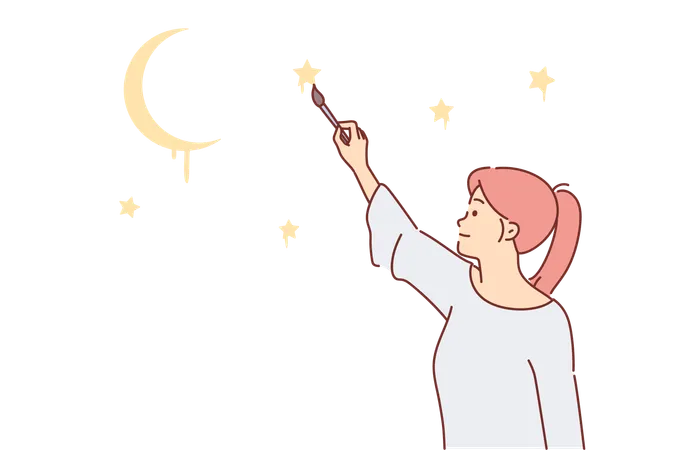 Woman Draws Stars In Night Sky Dreaming Of Visiting Space Or Seeing Clear Evening Firmament Above Head Girl Holds Brush Painting Crescent Moon And Stars For Creative Thinking Concept Illustration
