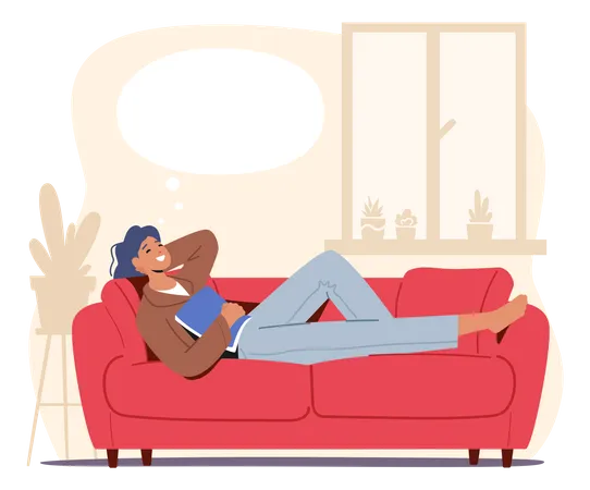 Woman Dreaming While Lying On Couch  Illustration
