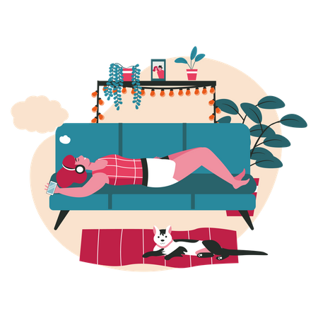 Woman dreaming while lying on couch Illustration