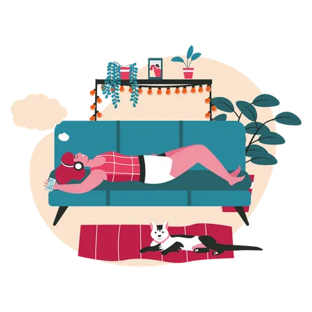 Woman dreaming while lying on couch Illustration