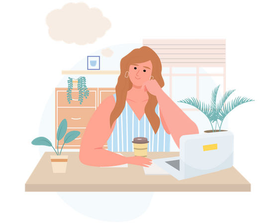 Woman dreaming while working Illustration