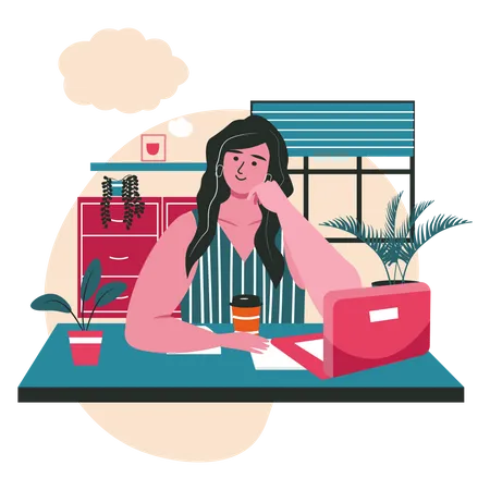 Woman dreaming while working Illustration