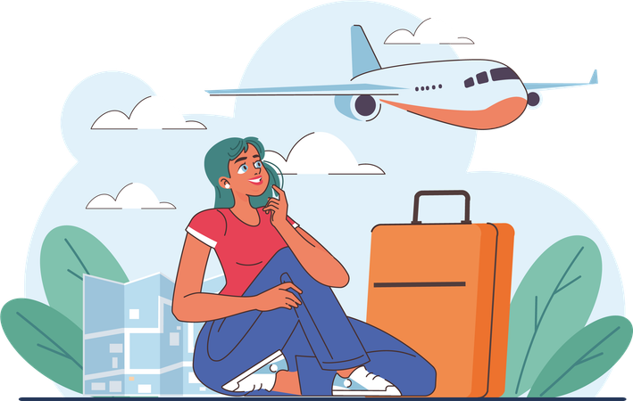 Woman dreams of international flight  Illustration