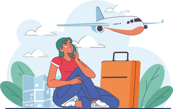 Woman dreams of international flight  Illustration