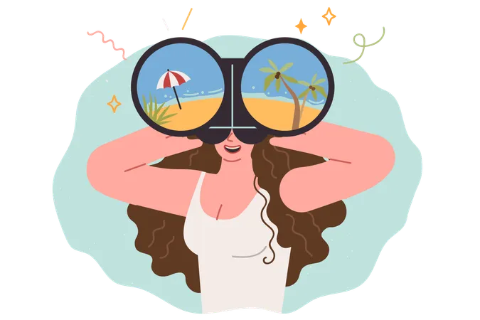 Woman dreams of summer trip to beach and looks through binoculars at seashore with palm trees  Illustration