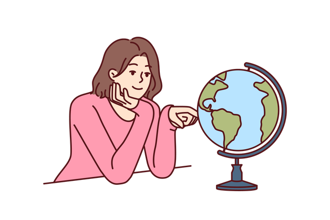 Woman dreams of traveling world looking at globe with planet earth and continents  Illustration