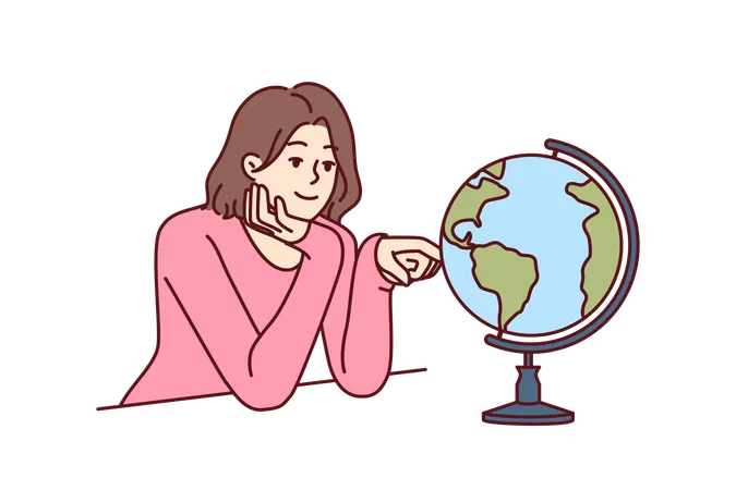 Woman dreams of traveling world looking at globe with planet earth and continents  Illustration