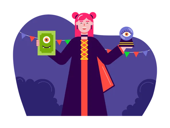 Woman dressed as a fortune teller for Halloween costume party  Illustration