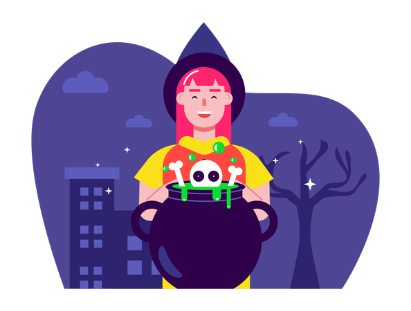 Woman dressed as a witch for Halloween costume party  Illustration