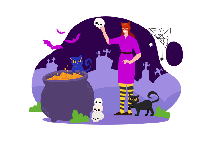 Woman dressed as Halloween witch  Illustration