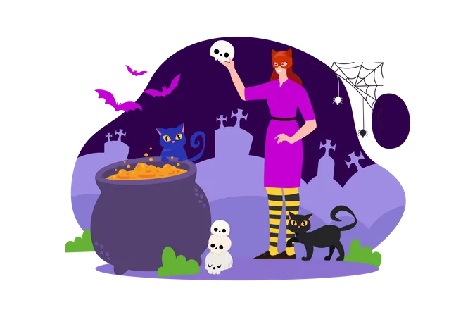 Woman dressed as Halloween witch  Illustration