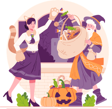 Woman Dressed in Costume Gives Candy and Sweets to Man Dressed in Costume Who Is Holding Basket  イラスト