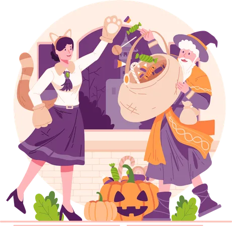 A Woman Dressed In A Costume Gives Candy And Sweets To A Man Dressed In A Costume Who Is Holding A Basket Halloween Party And Trick Or Treat Concept Illustration