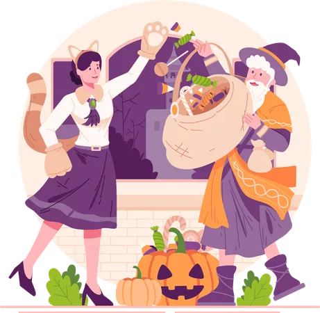 Woman Dressed in Costume Gives Candy and Sweets to Man Dressed in Costume Who Is Holding Basket  Illustration